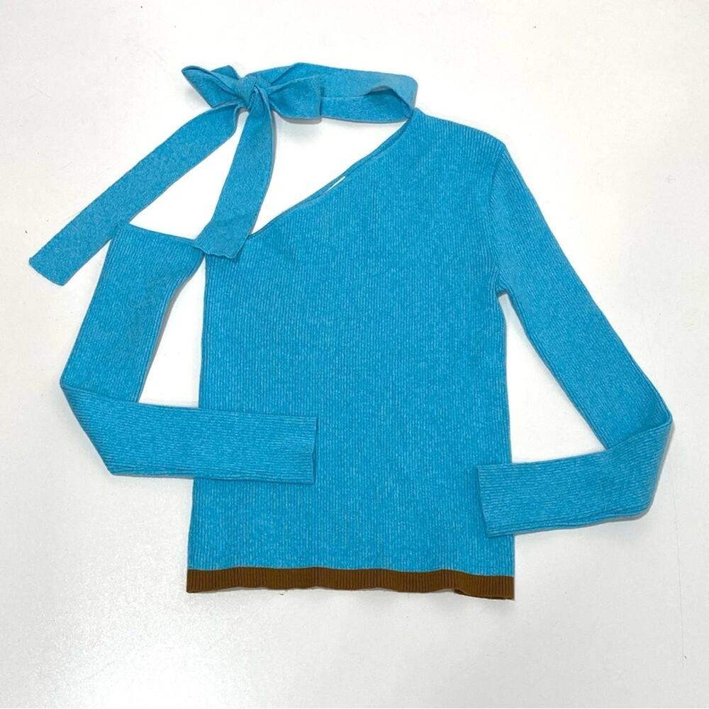 Andersson Bell Conny Scarf Neck Tight Knit Top One Shoulder Blue L